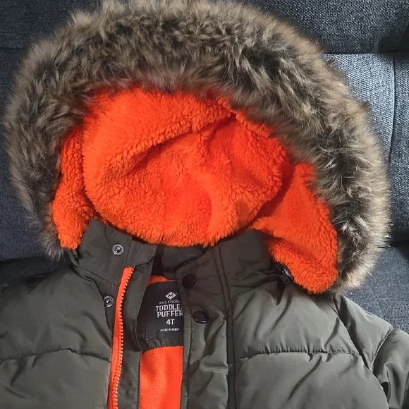Toddler Olive Green Puffer Jacket with Orange Lining - Picture 2 of 3